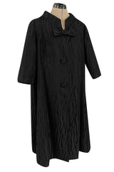 Minimalist 1960s Marty Modell Black Silk Jaquard Brocade Coat w Bow Detail