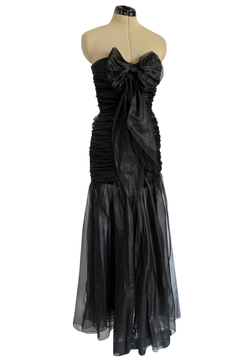 Fabulous 1980s Chloe Black Silk Organza Strapless Dress W Large Bow Detailing