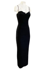 1980s Vicky Tiel Couture 'Kaimak' Gathered Black Net Fitted Dress w Beading Detailing