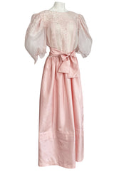 1980s Oscar de la Renta Pale Pink Taffeta, Lace & Chiffon Pouf Sleeve Dress
