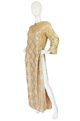 1960s Tina Leser Gold Lame Thread Side Slit Tunic Caftan Dress