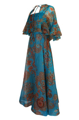 1960s Hardy Amies Deep Turquoise & Printed Silk Organza Dress w Matching Ruffled Capelet