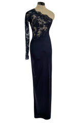 Weightless Early 2000s John Anthony Couture Transparent Blue Lace Bodice One Sleeve Silk Jersey Dress