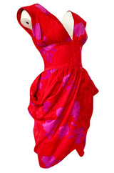 1980s Odicini Couture Coral & Pink Print Plunge Dress w Unusual Skirt