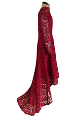 1986 Arnold Scaasi Couture Deep Red Lace Dress w Rhinestone Detailing & Trained Back Skirt