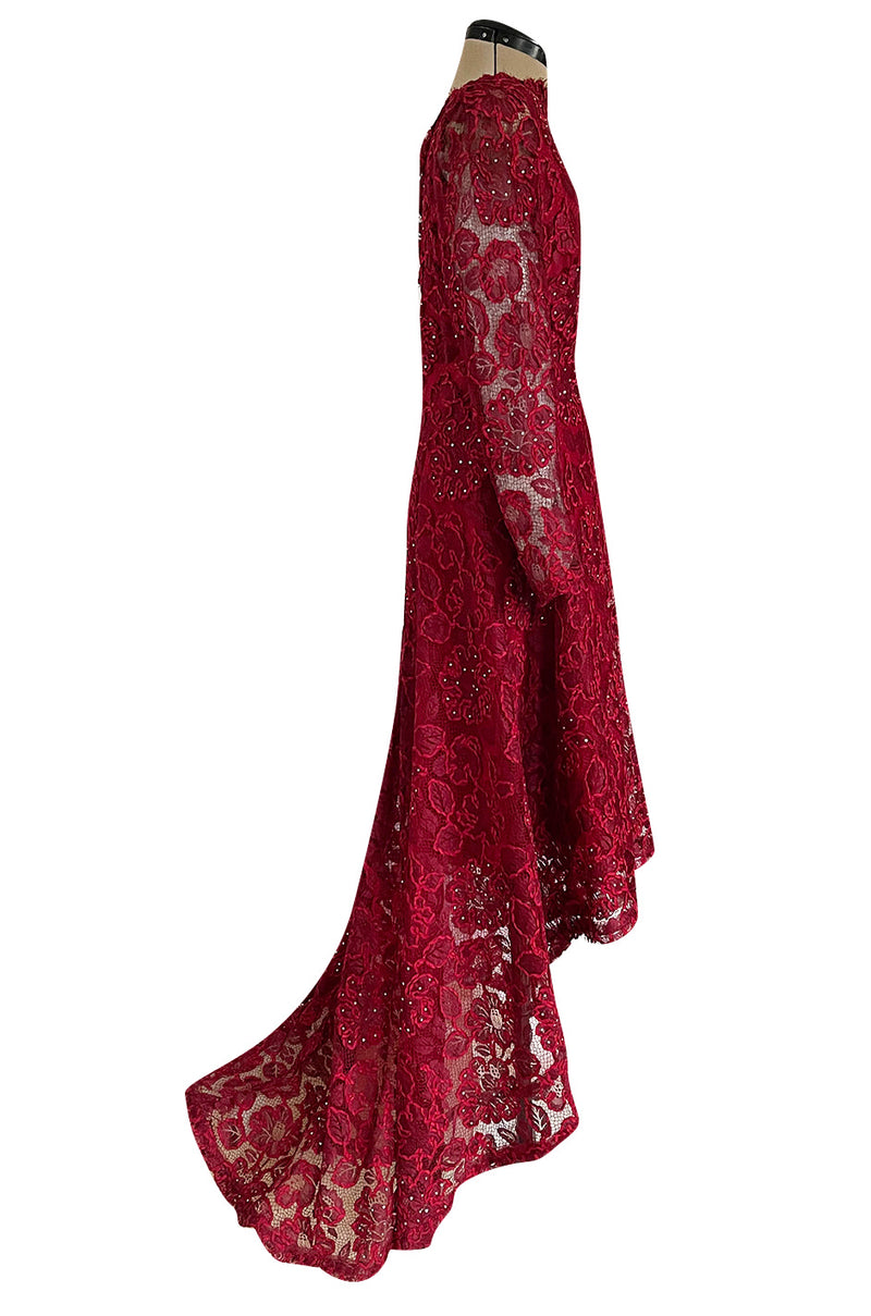 1986 Arnold Scaasi Couture Deep Red Lace Dress w Rhinestone Detailing & Trained Back Skirt