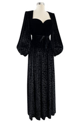 Fall 1986 Yves Saint Laurent Runway Black Patterned Velvet Dress w Sweetheart Neckline