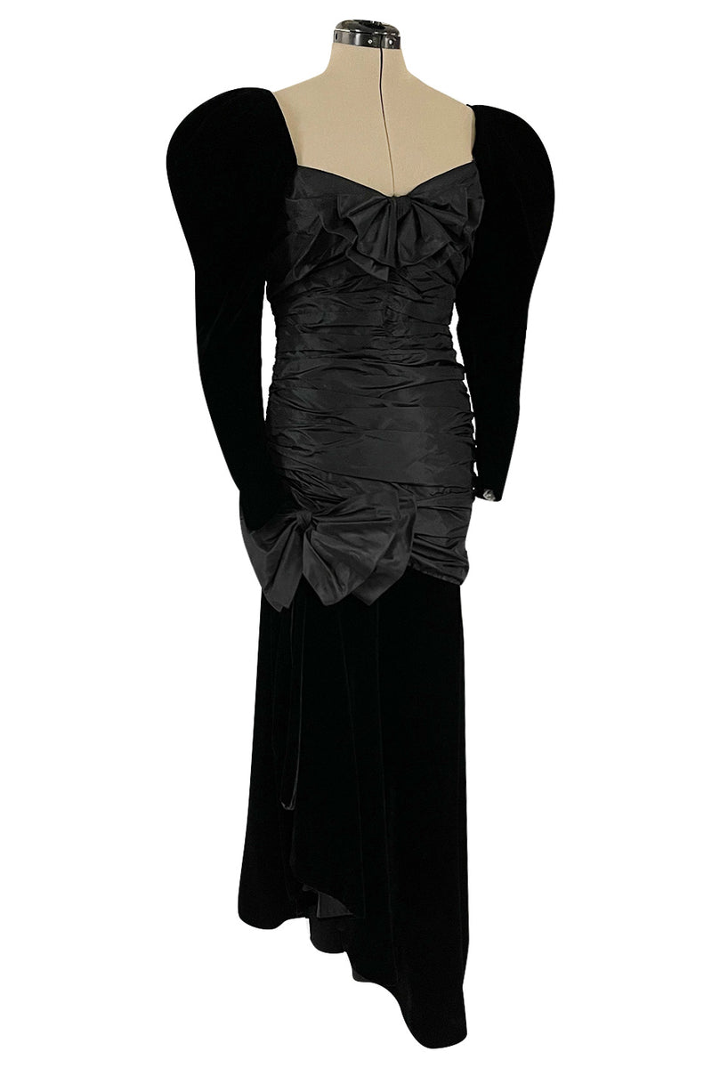 Dramatic 1980s Nina Ricci Black Velvet & Silk Taffeta Dress w Fabulous Sleeves & Slit Skirt