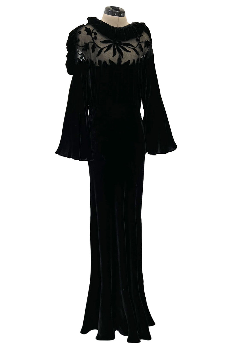 Gorgeous 1930s Bias Cut Silk Velvet Dress w Silk Mesh & Applique Detai Shrimpton Couture Gorgeous 1930s Bias Cut Silk Velvet Dress w Silk Mesh & Applique Detai Shrimpton Couture