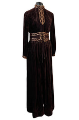 Late 1960s Oscar de la Renta Deep Brown Flat Velvet & Brocade Dress w Slit Sleeves & Lace Belt