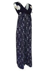 Spring 1977 Hanae Mori Fan & Flower Print Blue Yukata Cotton Dress