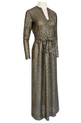 1970s Mollie Parnis Silver Sequin & Knit Lame Jersey Dress w Belt