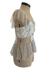 1960s Handmade Crocheted Crop Top in Blue & Pale Pink w Ruffled Cap Sleeve and Body