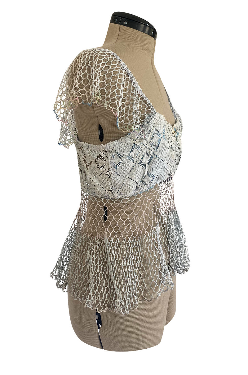 1960s Handmade Crocheted Crop Top in Blue & Pale Pink w Ruffled Cap Sleeve and Body