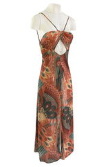 Documented 1976 John Kloss Feather Printed Front Cut Out Nylon Jersey Dress