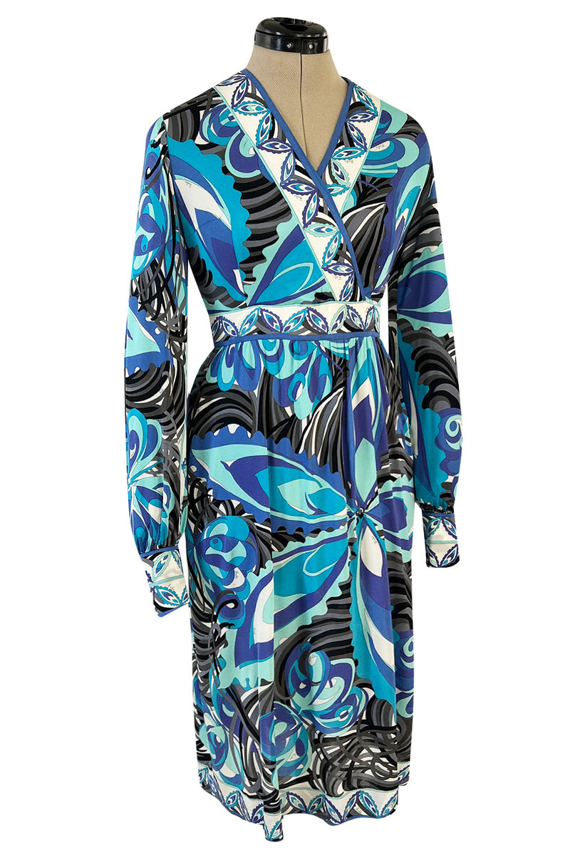 1960s Emilio Pucci Ocean Blue Printed Silk Jersey Dress w Bold Floral Print