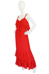 Unworn 1970s Red Silk Chiffon Tiered Ruffle Skirt Dress