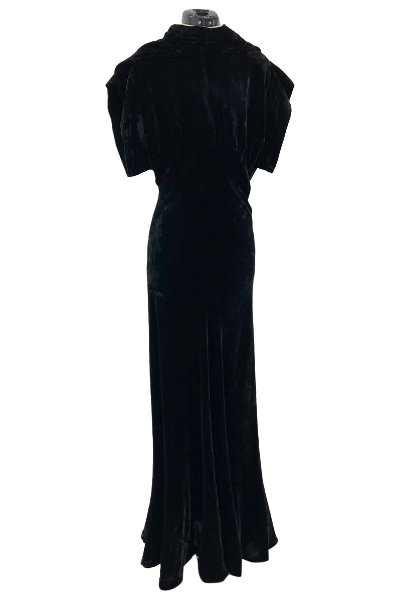 Stunning 1930s Black Silk Velvet Bias Cut Dress w Top Stitched Sleeves & Silver Glitter Buttons
