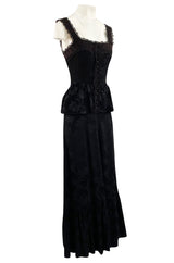 Rare 1970s Mary Quant Black Silk Floral Weave Maxi Dress w Peplum & Ruffled Hem