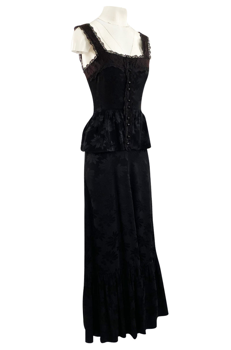 Rare 1970s Mary Quant Black Silk Floral Weave Maxi Dress w Peplum & Ruffled Hem