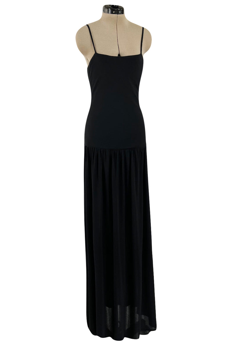 Superb 1980s Christian Dior by Marc Bohan Minimalist Black Jersey Drop Waist Dress