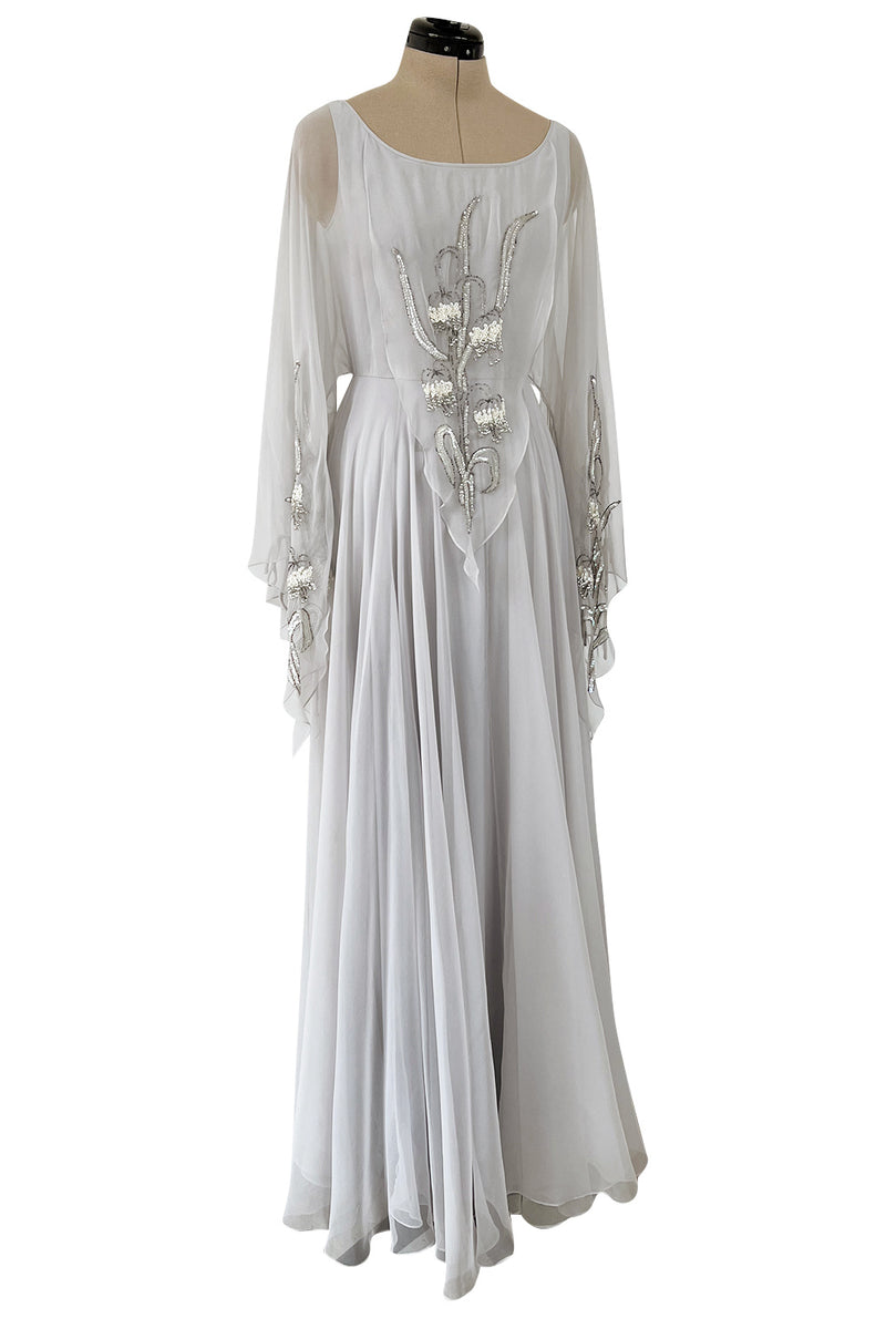 Magical 1970s Jean Varon Palest Silver Grey Chiffon Dress w Amgel Sleeves & Sequins
