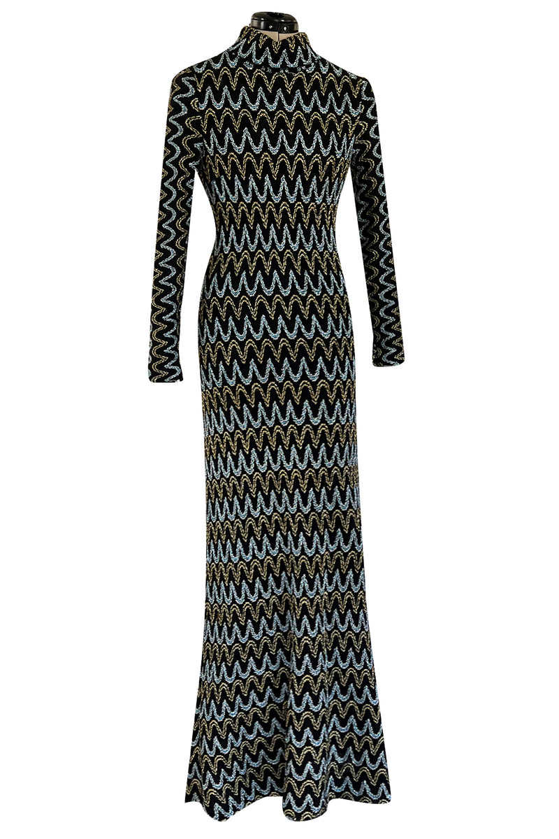 Incredible 1970s Loris Azzaro Metallic Silver & Gold Black On Black Knit Dress