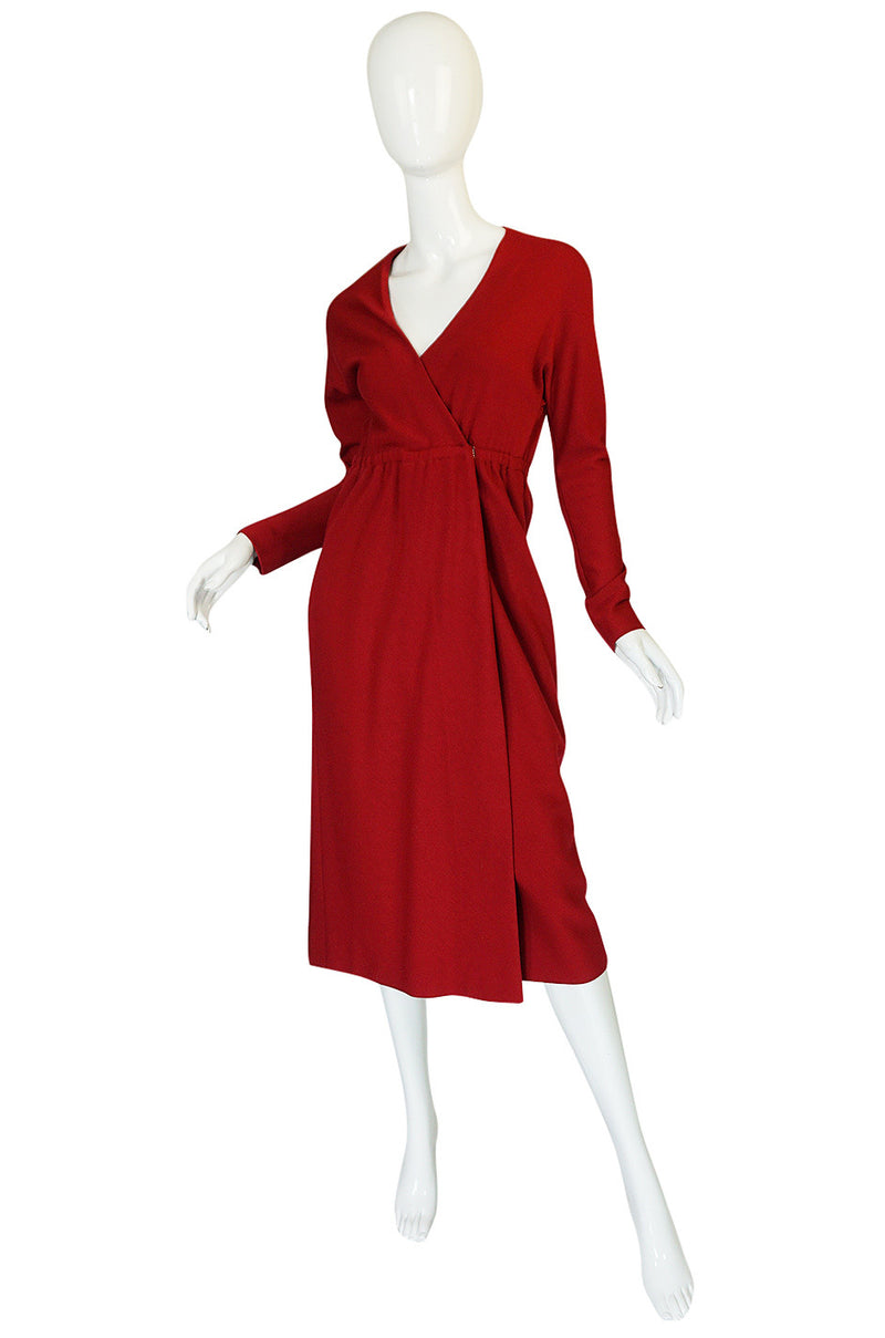 1970s Halston Deep Red Wool Jersey Wrap Dress