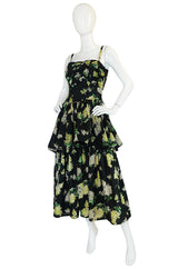 Late 1940s Sequin & Floral Print Cotton Voile Tiered Skirt Dress