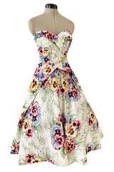 Sweetest 1950s Party Lines by Emma Domb Pansy Print Strapless Dress w Full Skirt