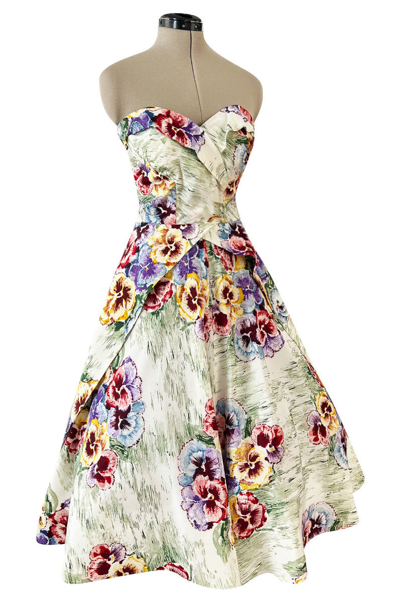 Sweetest 1950s Party Lines by Emma Domb Pansy Print Strapless Dress w Full Skirt