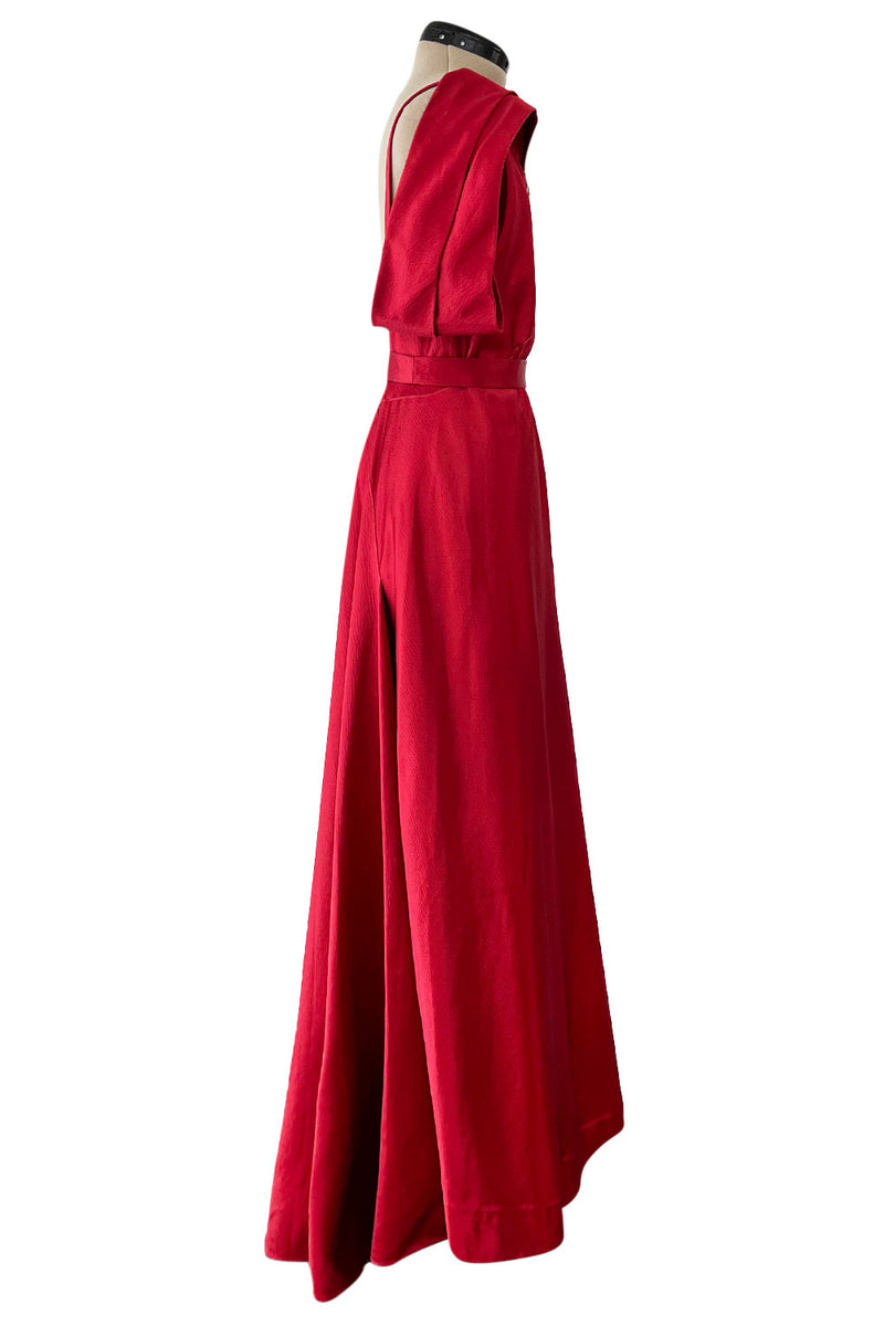 Stunning 1930s Hammered Silk Satin Deep Red Dress w Low Back & Unusual Sleeves