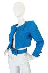 1980s Yves Saint Laurent Blue Moire Silk Jacket w Belt