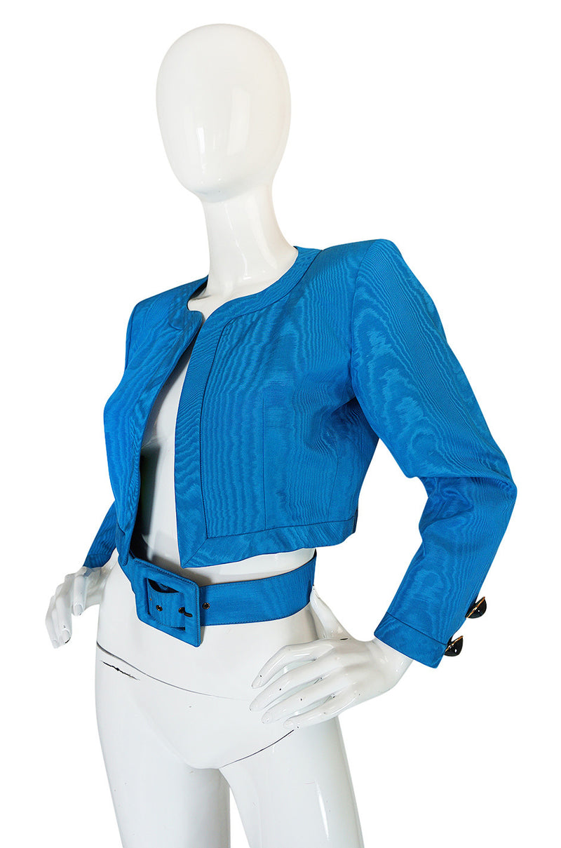 1980s Yves Saint Laurent Blue Moire Silk Jacket w Belt