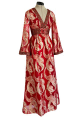 Spectacular 1970s Bill Blass Red Organza & Gold Metallic Applique Dress