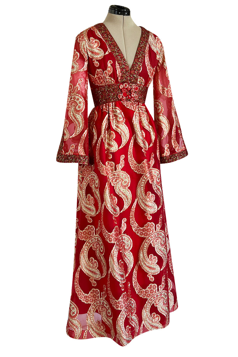 Spectacular 1970s Bill Blass Red Organza & Gold Metallic Applique Dress