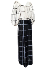 1970s Pauline Trigere Contrasting Black & White Silk Rope Print On or Off Shoulder Dress