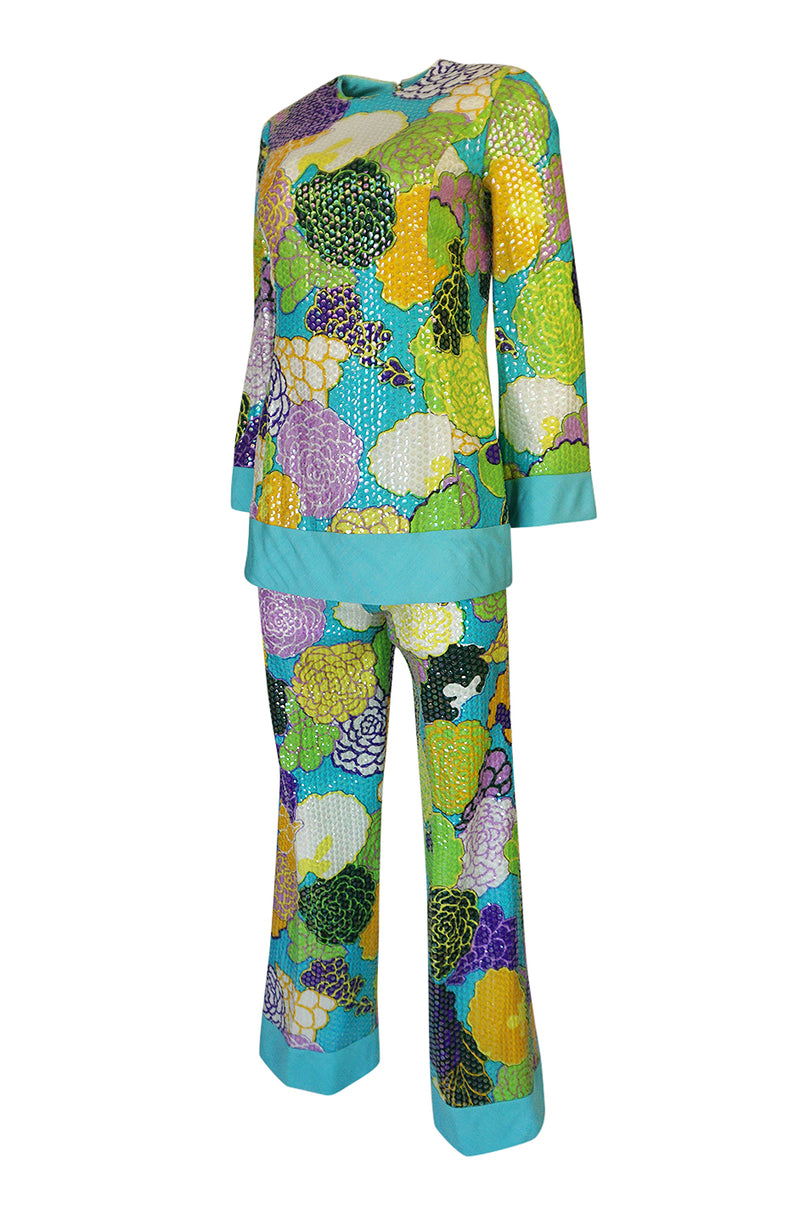 1962-1965 Bob Bugnand Densely Sequin Floral Printed SIlk Pant Suit Set
