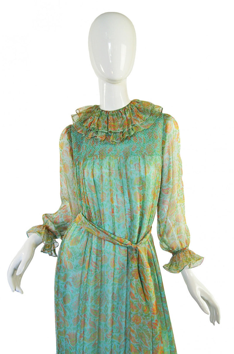 1970s Green Printed Ruffled Silk Chiffon Treacy Lowe Dress