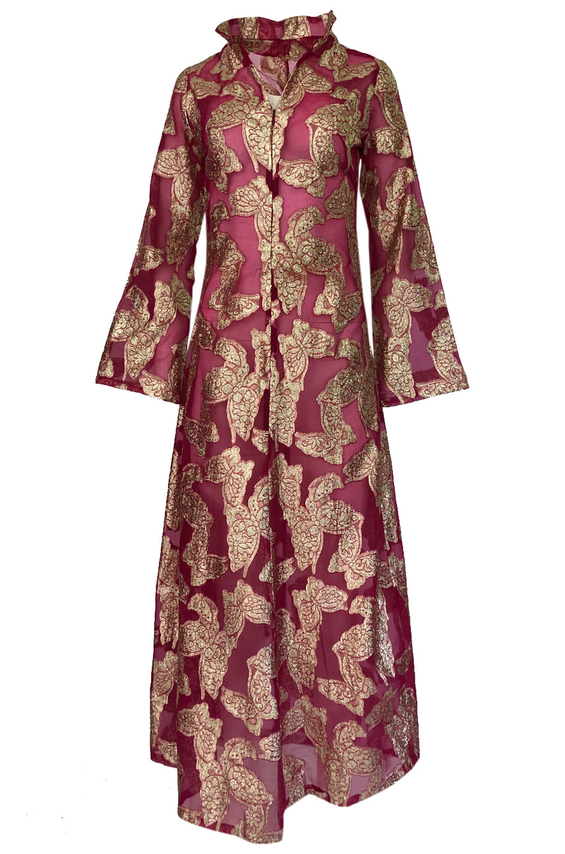 1970s Unlabeled Gold Lame Thread Butterfly Caftan on Pink Organza