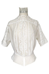 c1900s Antique Fine White Hand Made Linen, Lace & Embroidered Top
