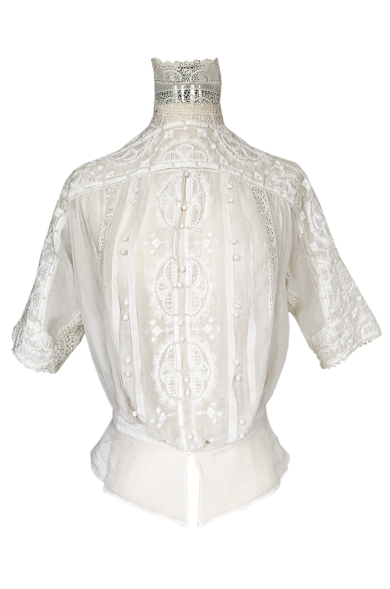 c1900s Antique Fine White Hand Made Linen, Lace & Embroidered Top