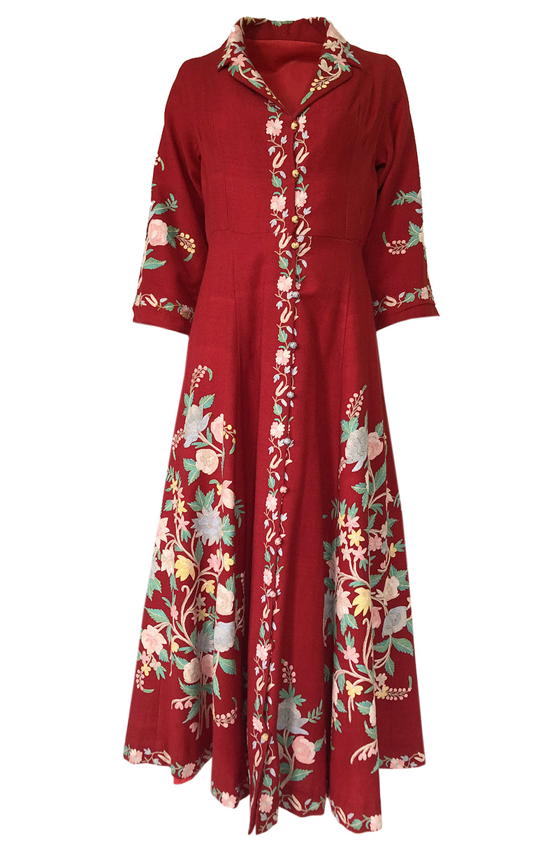 Exceptional 1930s Hand Embroidered Floral Crewel Red Dress or Coat Shrimpton Couture Exceptional 1930s Hand Embroidered Floral Crewel Red Dress or Coat Shrimpton Couture