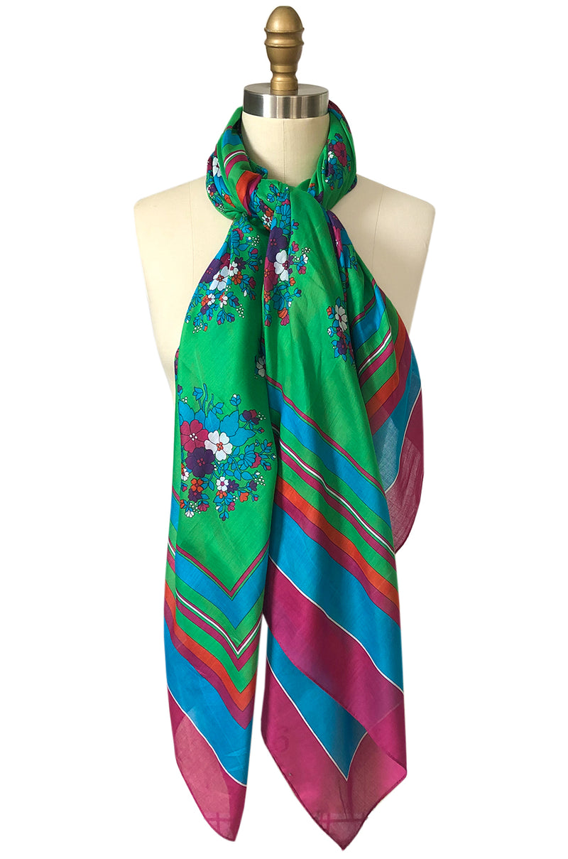 Huge 1970s Yves Saint Laurent Green & Pink Floral Cotton and Silk Scarf