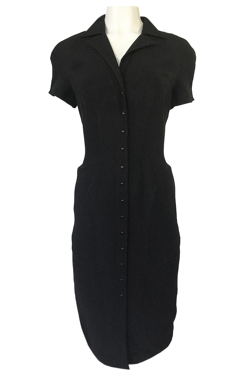 1980s Thierry Mugler Back Open Cut Work Lace Black Fitted Dress