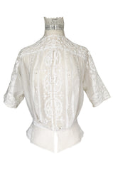 c1900s Antique Fine White Hand Made Linen, Lace & Embroidered Top