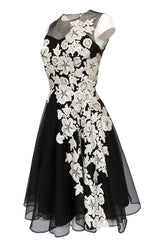1950s I. Magnin Sequin & Bead Detailed Ivory Lace Applique Silk Dress