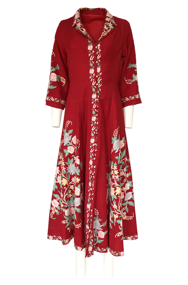 Exceptional 1930s Hand Embroidered Floral Crewel Red Dress or Coat Shrimpton Couture Exceptional 1930s Hand Embroidered Floral Crewel Red Dress or Coat Shrimpton Couture