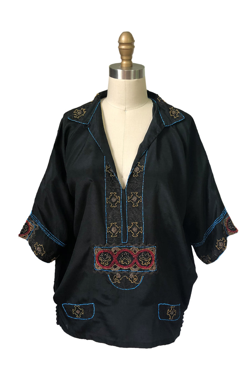 1920s Unlabeled French Couture Bead & Metallic Thread Black Silk Tunic