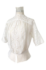 c1900s Antique Fine White Hand Made Linen, Lace & Embroidered Top